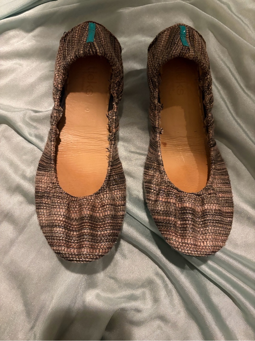 Tieks Women's Brown Tweed Flats with Teal Accent